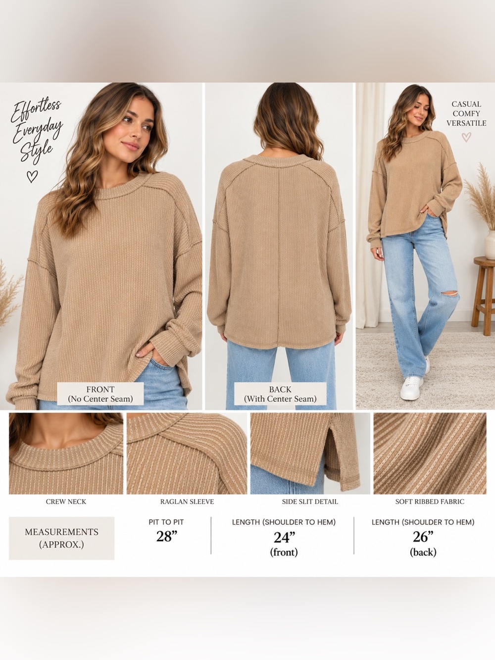 Zenana Beige Ribbed Oversized Long Sleeve Top S/M NIP